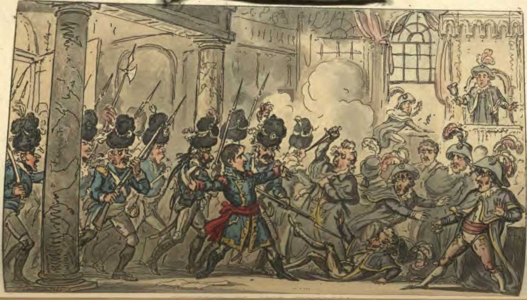 Napoleon and his soldiers draw swords and stand firmly against fearful council members, some of whom have drawn swords as well. A depiction of a violent stand-off.