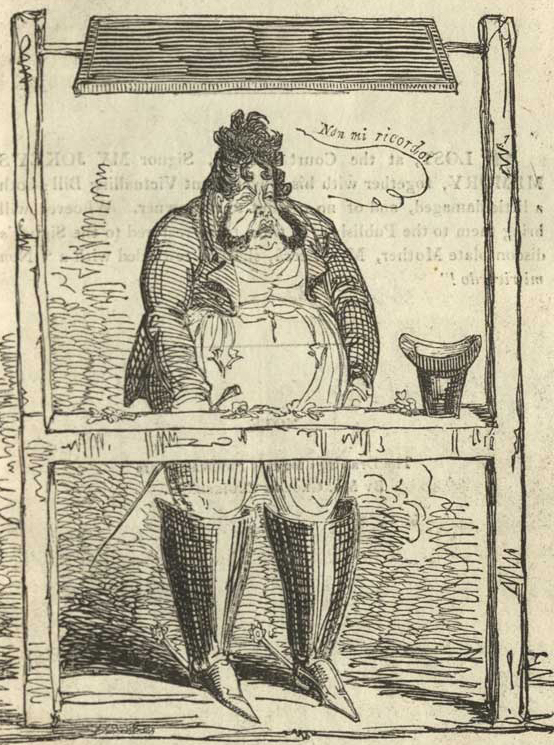 An overweight man, possibly a merchant, stands in front of a wood frame. 