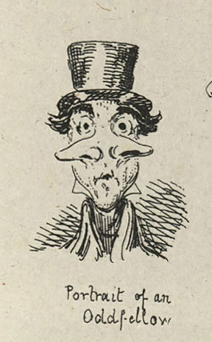 A man in a top hat has two noses jutting out to the left and right.