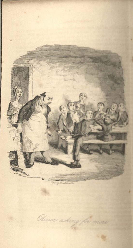 A small boy holds a plate, asking a man for another serving of food. Behind them, more boys at a table look on with wide eyes.