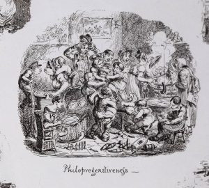 A large family is piled together hanging onto each other with the caption “Philoprogenitiveness.”