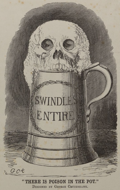 A foamy skull in a beer mug labeled "swindles entire"