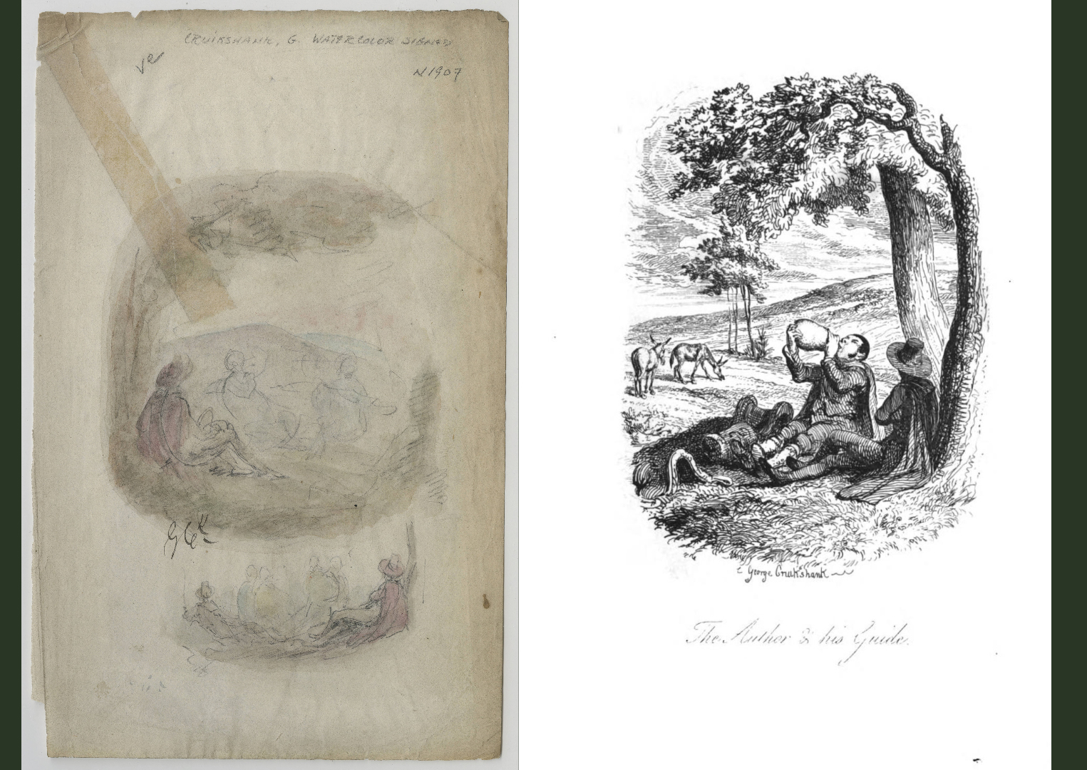 Two images show the same thing, one in watercolor and the other as an etching. A man drinks from a water jug while another man in a hat leans next to a tree. 