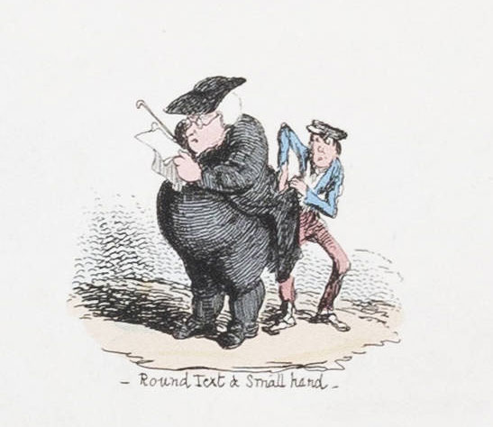 A large man is reading a piece of paper while a smaller, thinner man is grabbing something from his back pocket.