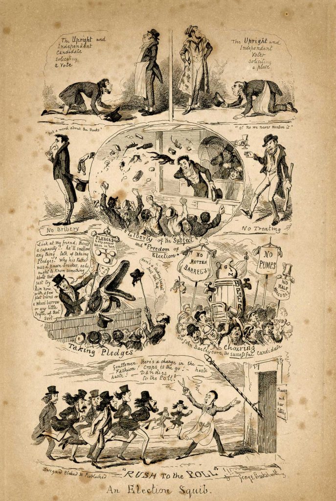 Various scenes of political campaigns depicted, including: a candidate begging for votes, a voter begging for food, a politician taking a bribe, an audience throwing food, animals and garbage at a candidate giving a speech, a crocodile candidate “taking pledges,” and a drunken mob marching for gin and beer.