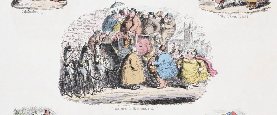 A color image of large men and women attempting to board the same horse-drawn carriage.