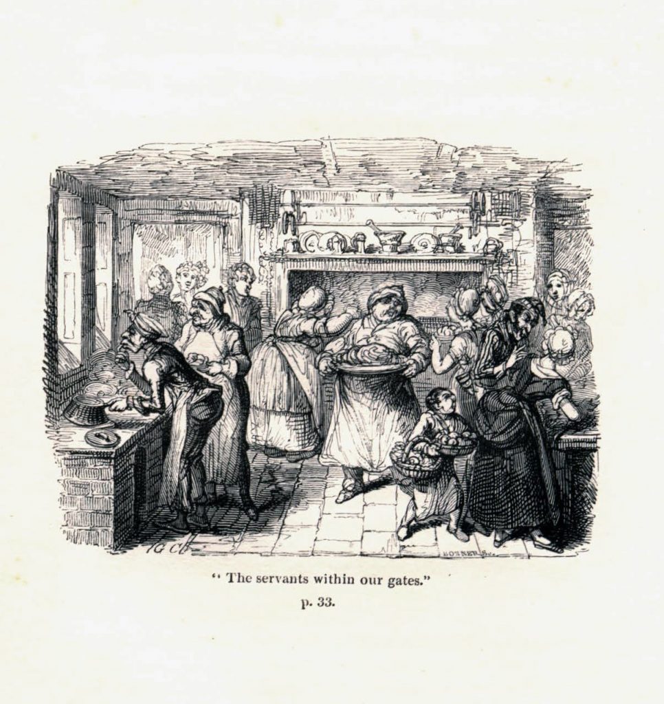 A woman holds a leg of mean inside of what might be the downstairs kitchen of a home. Other servants are depicted, including a mean yelling threateningly at a woman. 