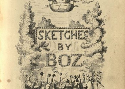The title page of Sketches By Boz; a crowd gathers under a hot air Balloon