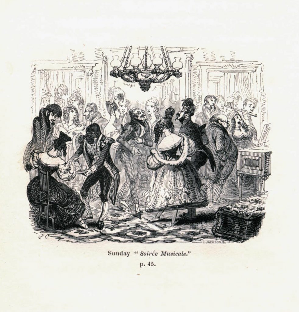 A party full of people dressed fancily standing around talking. A Black servant serves tea to a seated woman.