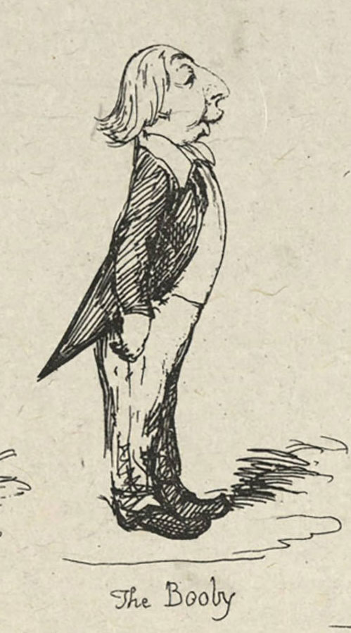 A man in a coat with tails is drawn to look like a bird, the "Booby."