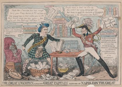 Two men stand across a table, one in a red jacket and three-cornered hat (Napoleon) and one in a tartan pattern. They have swords drawn and are surrounded by books.