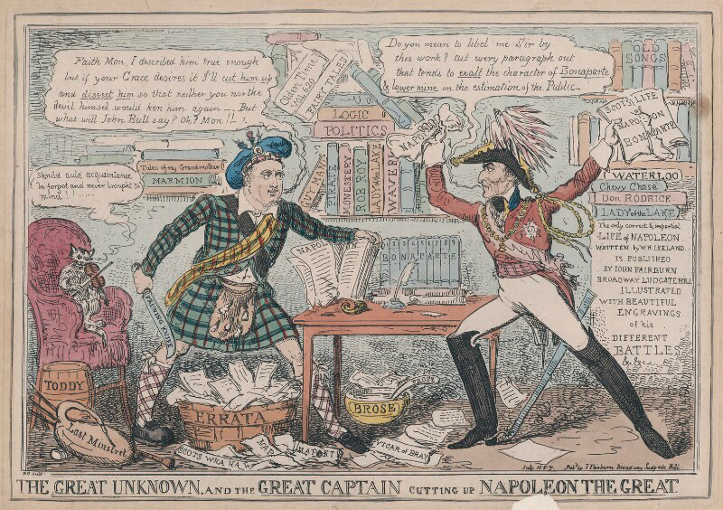Two men stand across a table, one in a red jacket and three-cornered hat (Napoleon) and one in a tartan pattern. They have swords drawn and are surrounded by books. 