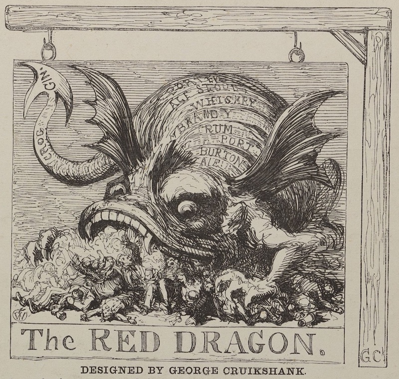 A dragon with the names of multiple types of alcoholic beverages on its back crushes and eats a group of drinkers