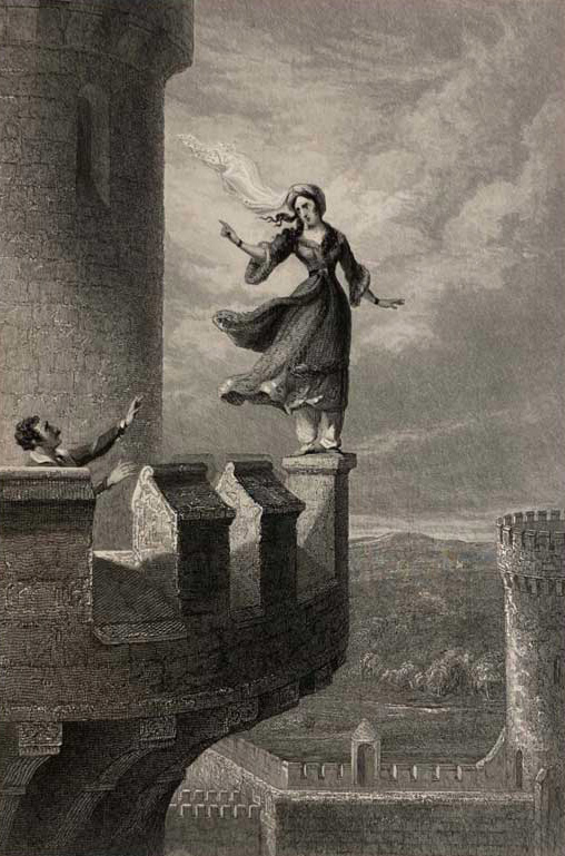 Woman standing on the balcony of a medieval castle. 