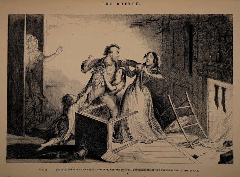 A drunk father grabs his wife, preparing to punch her as his two children try to stop him and a women watches with horror from the doorway