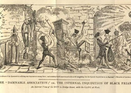 A group of men burn books while two more hack apart a printing press and another pair of men torture a woman.