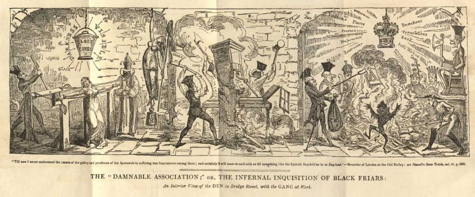 A group of men burn books while two more hack apart a printing press and another pair of men torture a woman.