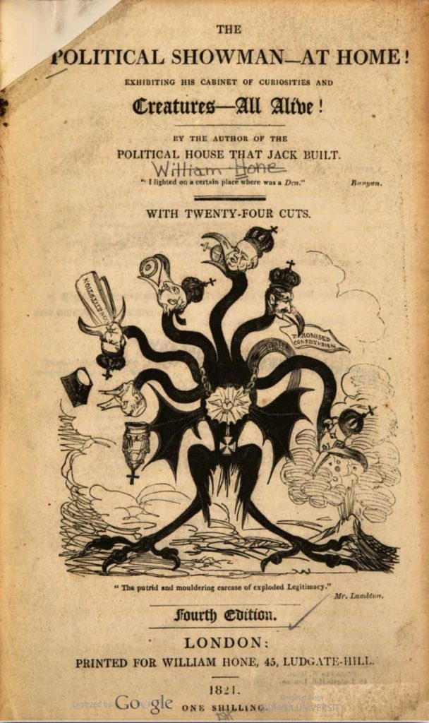A monstrous creature with seven hydra heads depicted different European sovereigns, webbed wings, and bird talons eat documents relating to the constitution.