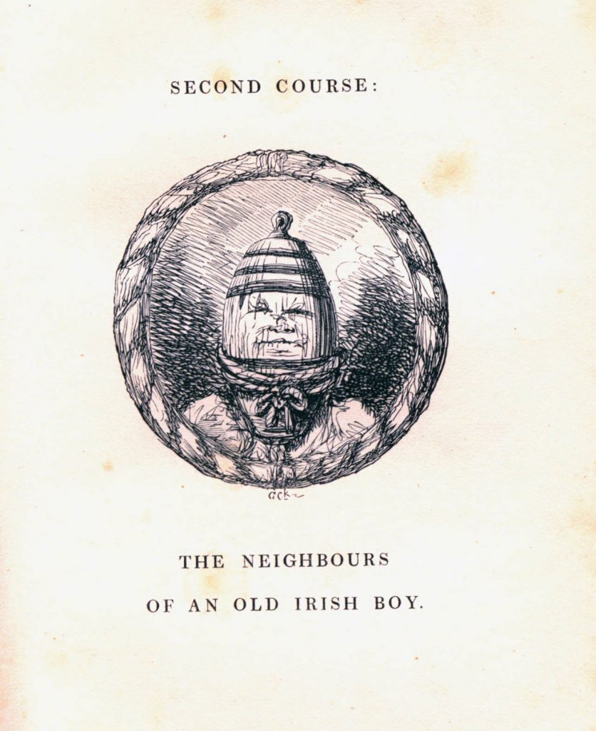 A circular image of a man with a barrel for a head and the caption “The Neighbors of an Old Irish Boy.”