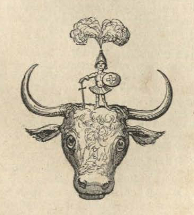 A small armored man stands on the head of a bull