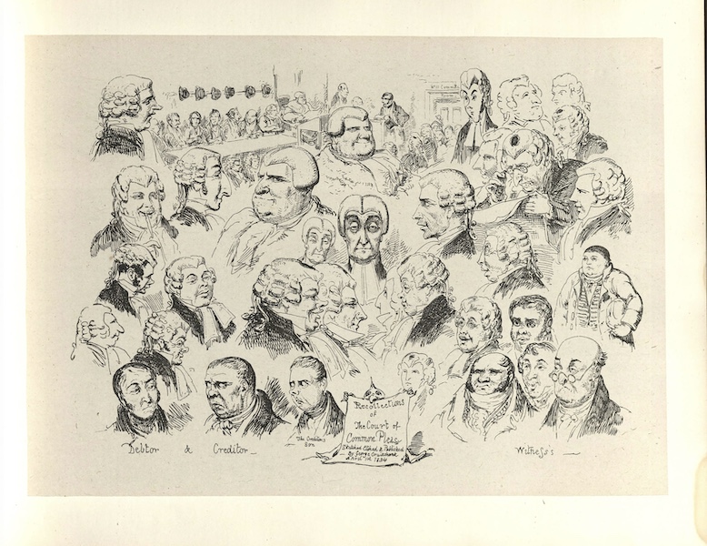 Many heads are drawn, most wearing wigs