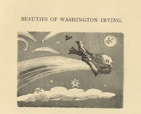  A slender man in a suit and glasses rides the trail of a comet. The comet has a face, which looks perturbed as the man grabs its hair to stay aboard. The man’s top hat floats behind him.