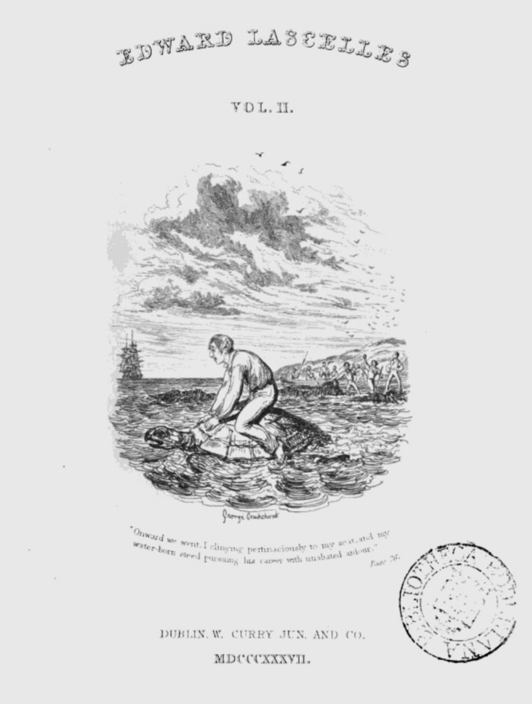 Title Page of Volume two of Scenes from the Life of Edward Lascelles, Gent. Under the title, a man rides on the back of a tortoise in the ocean.
