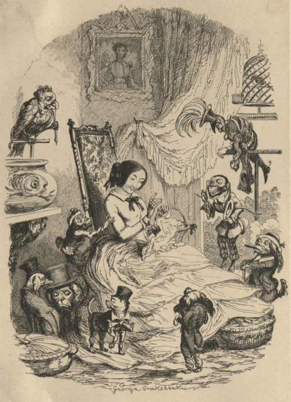 A maid in a chair is surrounded by parrots, dogs, and monkeys in suits