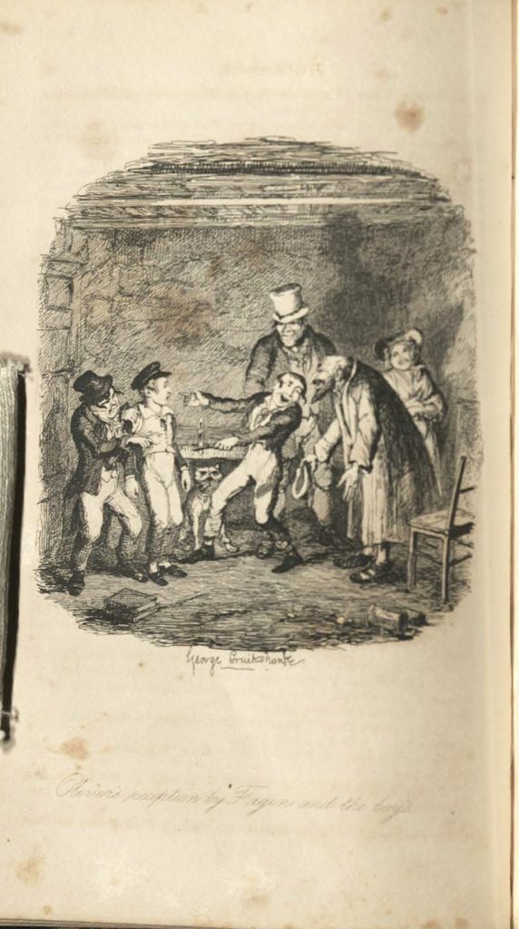 Oliver is presented to a group of men in a small, dark room. 