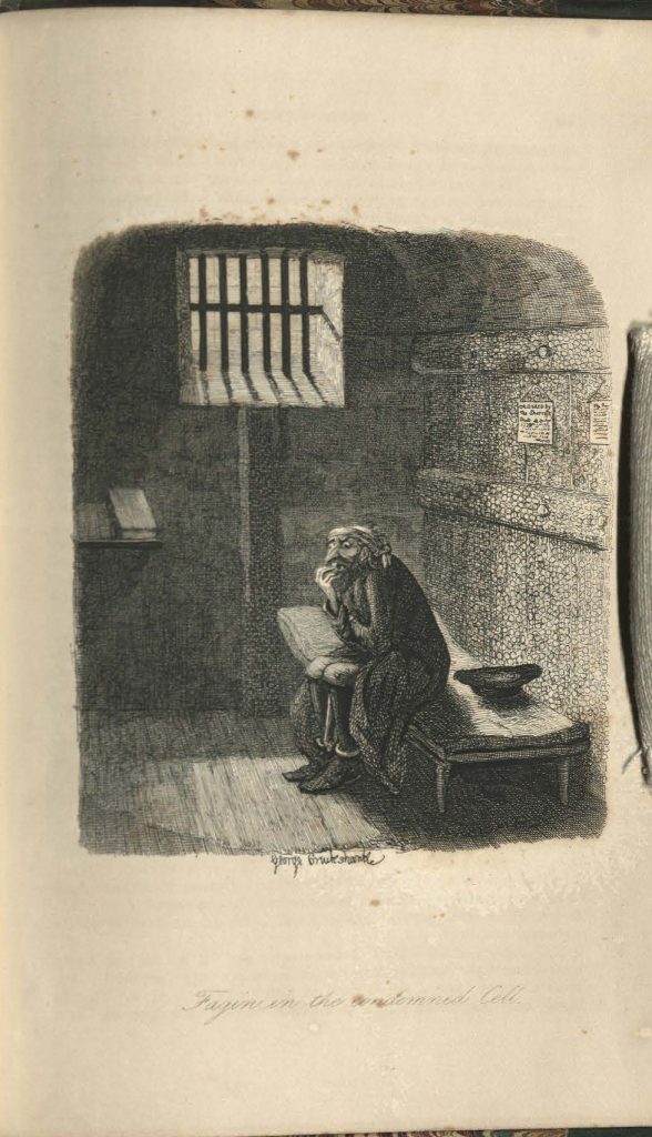 Fagin sits, disheveled, on a bed in a small dark jail cell, biting at his finger nails.