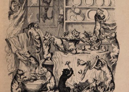 In this engraving, captioned “The Cat did it!” at least a dozen cats crowd a dining room, knocking over and smashing tableware, breaking windows, tearing laundry, and eating the food. A few cats wield weapons of destruction, including hammers and sticks.