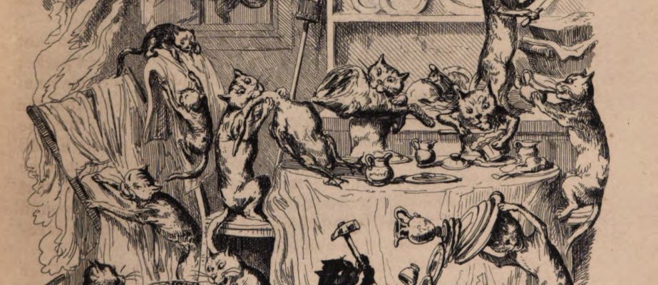 In this engraving, captioned “The Cat did it!” at least a dozen cats crowd a dining room, knocking over and smashing tableware, breaking windows, tearing laundry, and eating the food. A few cats wield weapons of destruction, including hammers and sticks.