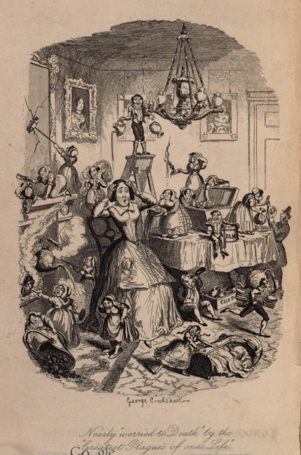 A woman looks aghast as many miniature people run around, causing havoc and making a mess of her home. Captioned “Nearly ‘Worried to Death’ by the ‘Greatest Plagues of One’s Life.’”