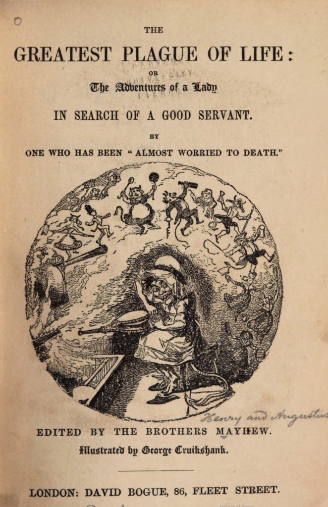 Title page for “The Greatest Plague of Life.” A devilish woman fans a fire as several small spirits fly within the smoke of the flame.