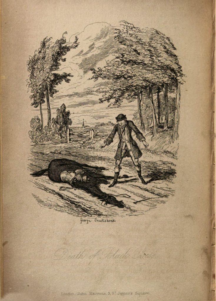 A man stands next to a fallen horse.