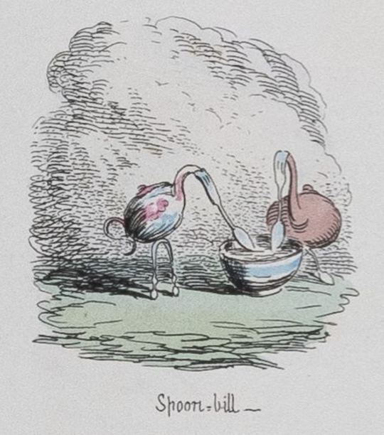Two birds with spoons for bills eat from a bowl