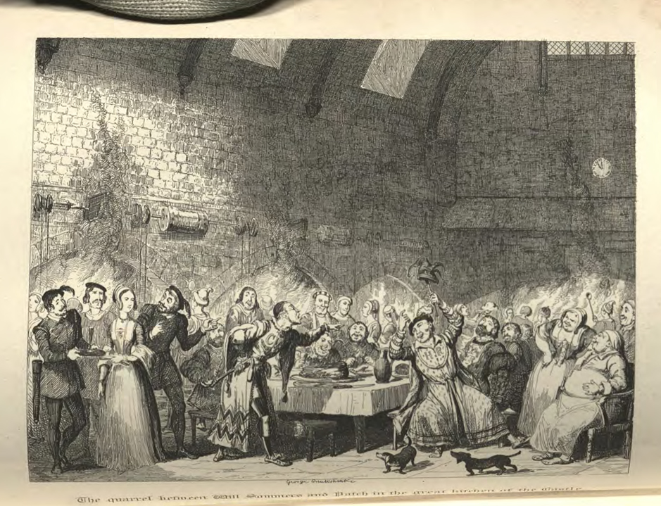 Dozens of men and women gather in the Kitchen at Windsor Castle, many are well-dressed. At the center of the illustration, two men appear to be in the midst of a dispute.
