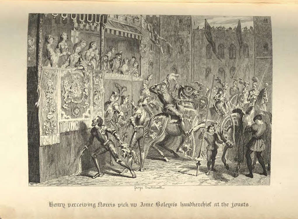 A man dressed in armor and riding a jousting horse looks as another man in armor picks up a handkerchief to hand it to a woman in the stands.