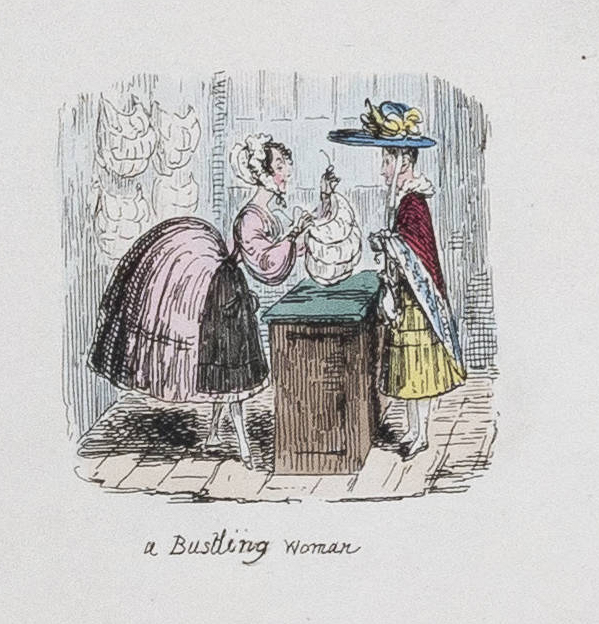 A woman in a pink dress is purchasing an undergarment from a shop keeper. She has an oversized bustle underneath her dress. 