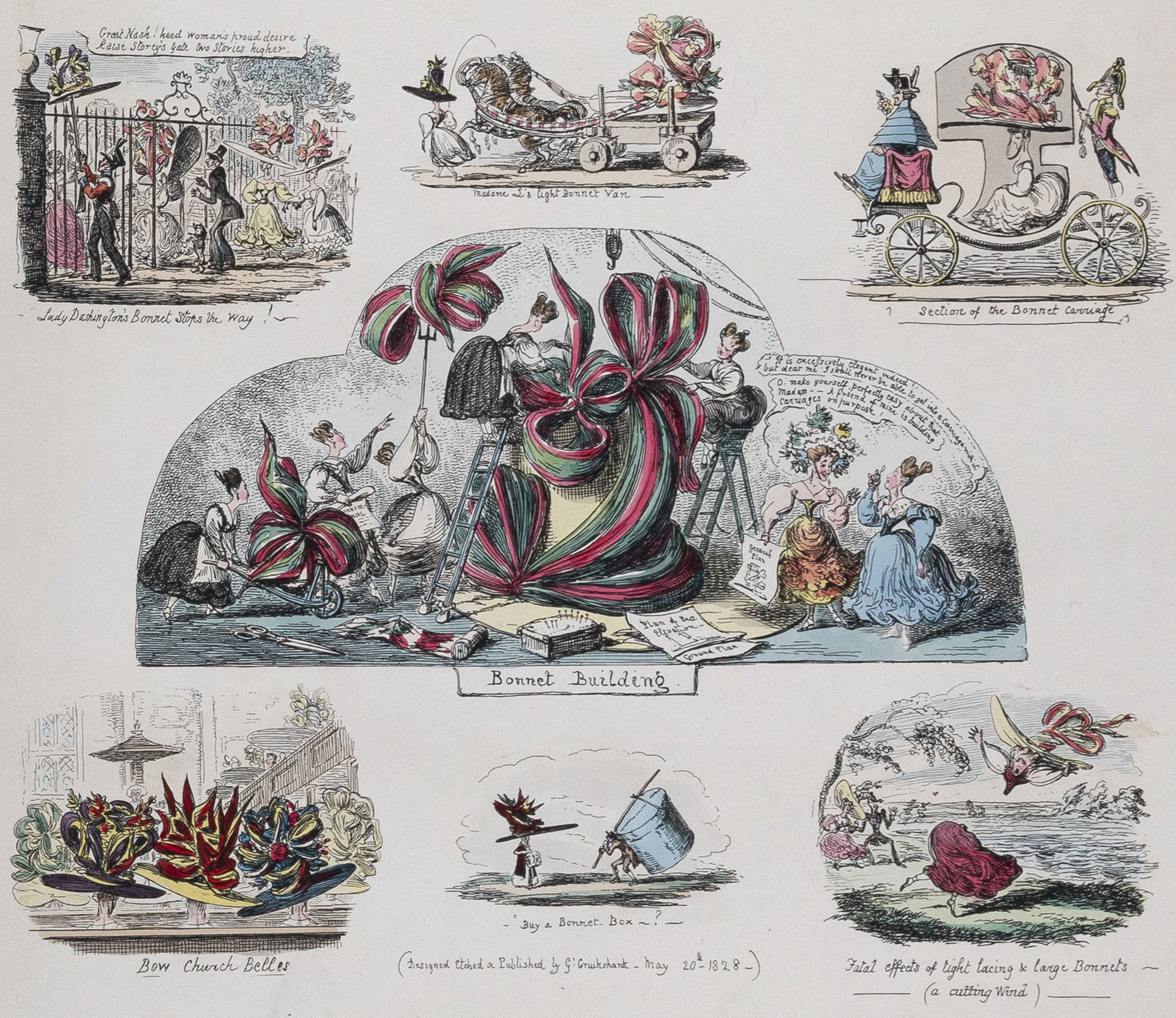 A set of color sketches with people building an elaborate bonnet with red and green ribbon in the center. The bonnet is much larger than the people building it. 