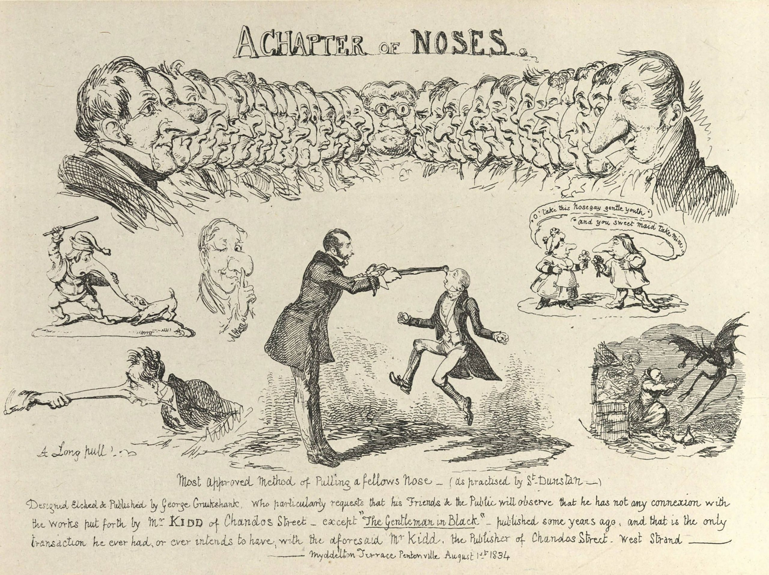 A series of sketches featuring mean with exaggerated noses and various shaped noses. The top image is a series of mean lined up in profile with their nose shapes on prominent display. In another image, a man's nose is being pulled, another is having his nose tugged by pliers. 