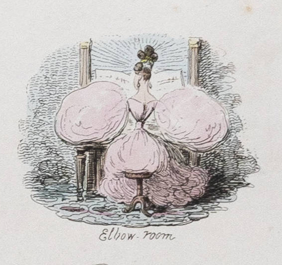 The back of a woman in a pink dress with two huge, ballon-like sleeves. She sits at a piano. 