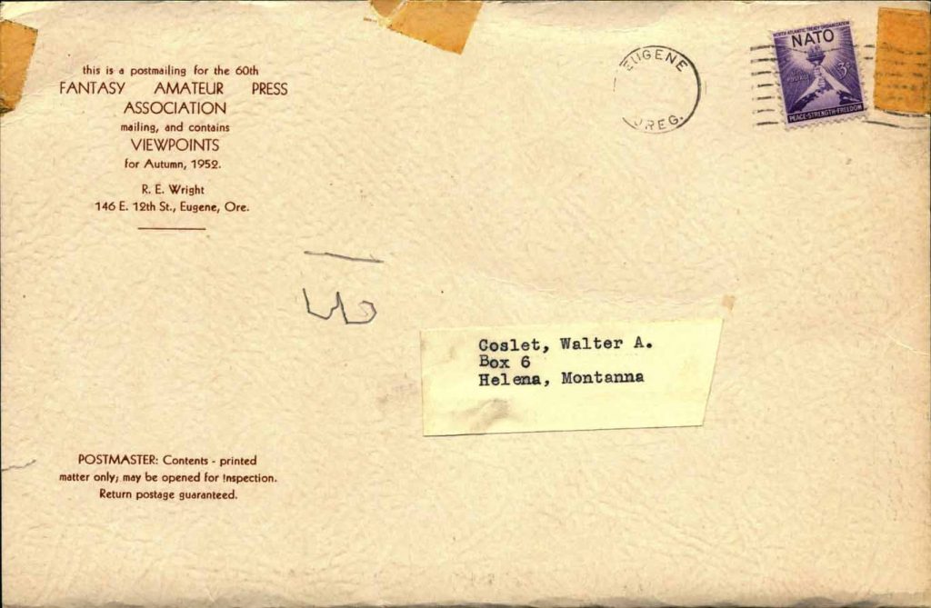 Enveloped addressed to Walter Coslet from FAPA. 1952.