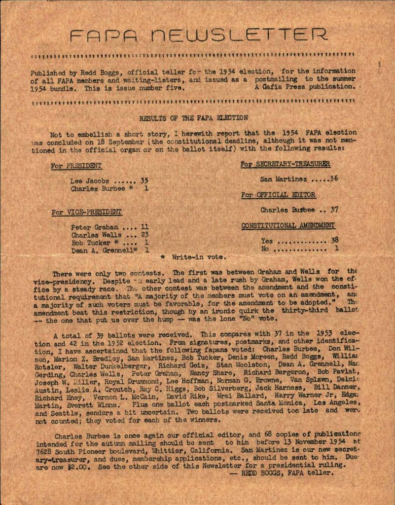 FAPA Newsletter, 1954