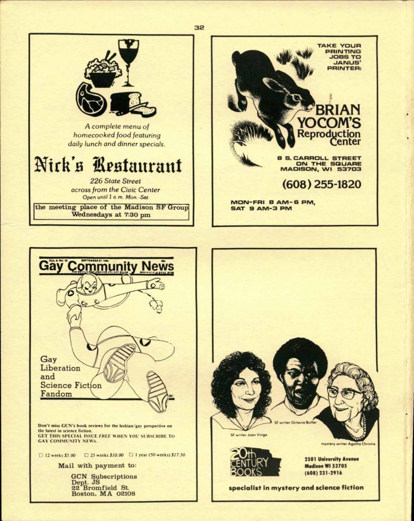 Advertisements included on the back page of Issue 18 of Janus, 1980.