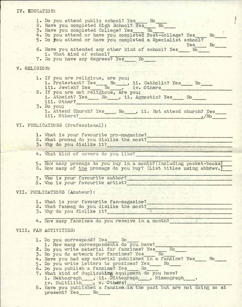 Second page of questionnaire given to science fiction and fantasy fans.