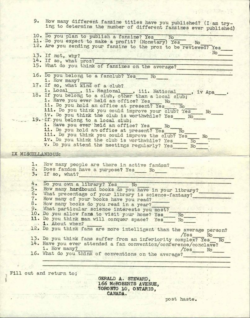 Third page of questionnaire given to science fiction and fantasy fans.