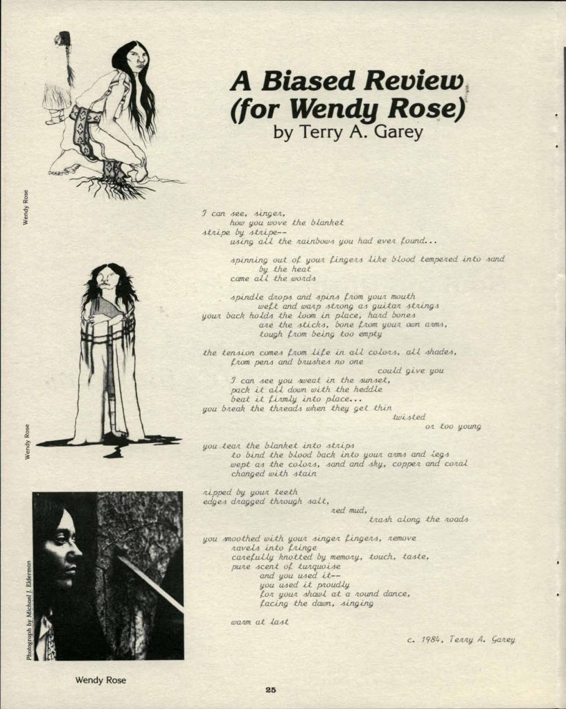 Poem for Wendy Rose by Terry A. Garey, in Issue 24 of Aurora, 1985.