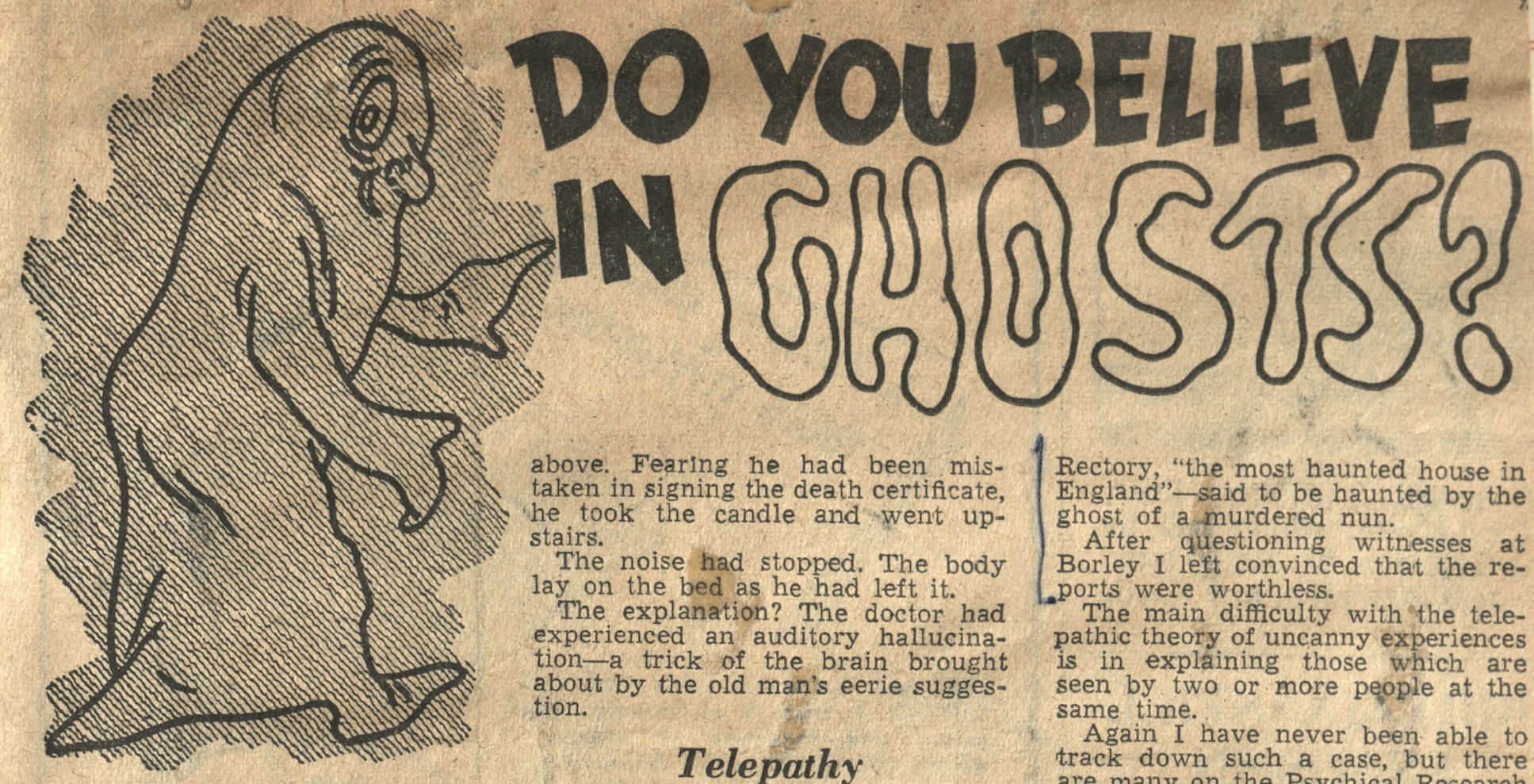 Newspaper clipping with illustration of smiling ghost and article titled "Do you Believe in Ghosts?"