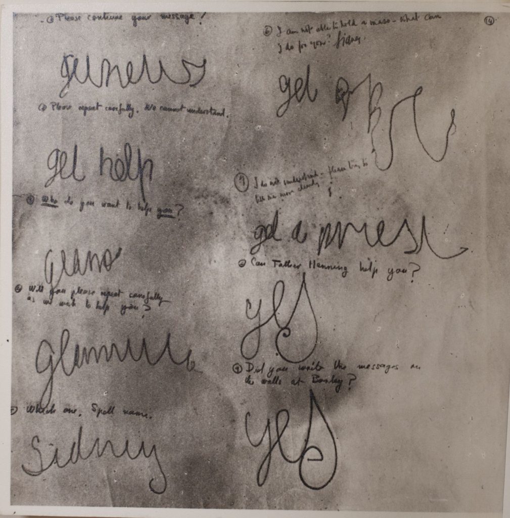 A photograph of the planchette writing taken during the seances at Borley Rectory 